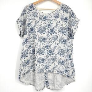 Terzo Millennio Women's Floral‎ 100% Linen Blouse Tunic Top Button Back High Low